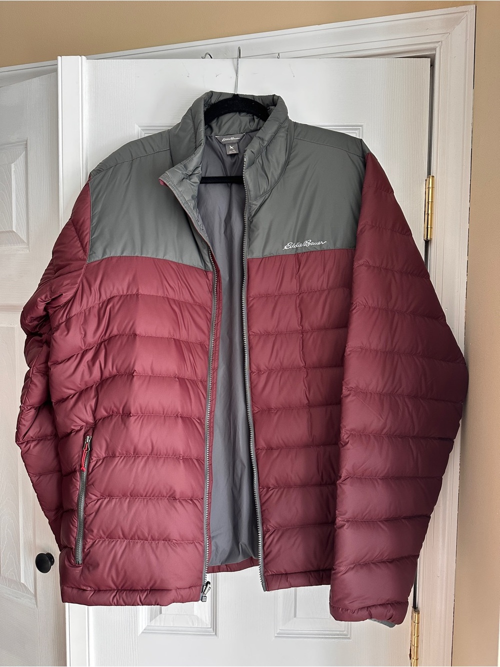 Eddie Bauer Men's CirrusLite Down Jacket Colorblock Burgundy Gray | Large Tall